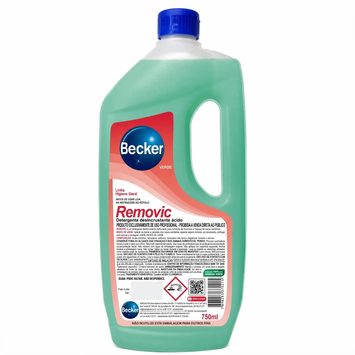 Removic Desincrustante 750ml — frasco de líquido verde, vista de frente